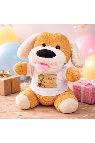 Özel Üretim Happy Birthday Tişörtlü Peluş Oyuncak Köpek Neşeli Hatıra Koleksiyonluk Figür Çok Renkli