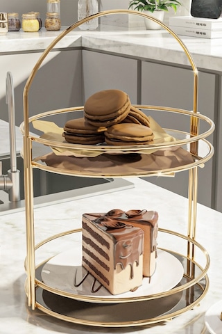 Bino Servis Sunum İkramlık Gold Büyük Lüks 2 Katlı 40cm Organizer Mutfak Düzenleyici Pasta Standı