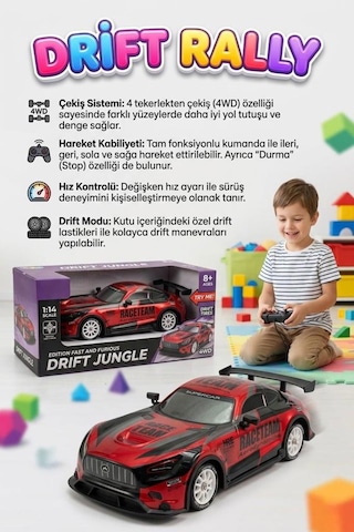 Uzaktan Kumandalı Işıklı 7 Fonksiyonlu 1:14 4 Çeker 10 Km/s Hızlı 4 Yedek Lastikli Oyuncak Drift Arabası Kırmızı