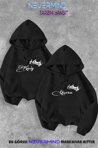 Nevermind Sevgili Çift Kombini Kinq Queen Özel Baskılı Kapüşonlu Sweatshirt Siyah