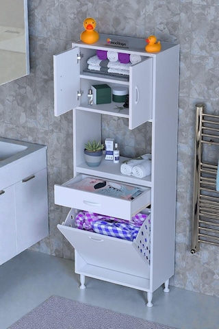 Eliusta Seris Sepetli Ve Çekmeceli Banyo Dolabı G:65 Cm Çok Amaçlı Beyaz Düzenleyici 65x173x32,5 Cm Dolap Beyaz