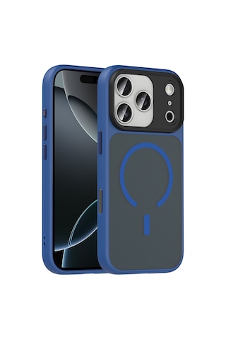 İphone 18 Pro Max Kılıf Mat Arka Yüzey Wireless Şarj Özellikli Zore Flet M-safe Kapak - Lacivert