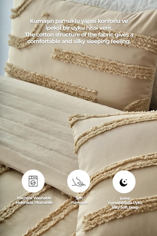 Pamuklu Sasha Kabartmalı Yatak Örtüsü Takımı Günlük Çift Kişilik Boho 3 Parça Elyaf Dolgulu Bej