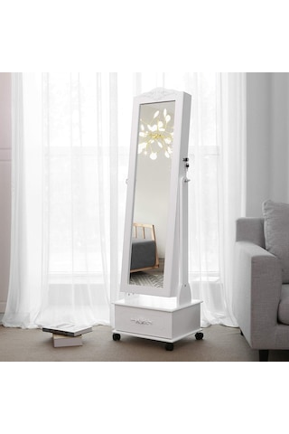 Songmıcs Tekerlekli Ve Led Aydınlatmalı Kilitlenebilir Mücevher Dolabı, Beyaz, Jbc61w Sku: Smg8690010174574 Açık Ceviz