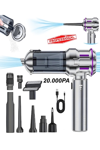 H-8083 20.000pa Kablosuz Oto Araç Süpürgesi Şarjlı 3 Kademeli Profesyonel Ultra Çekim Güçlü Mini Gümüş Gri