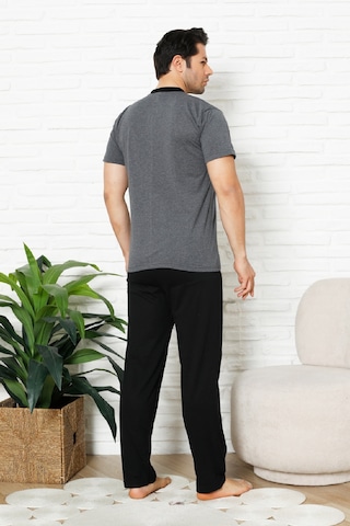 Enisena Erkek %100 Pamuklu Pijama Takımı-3 Düğmeli-yaka Cepli 12384 Füme