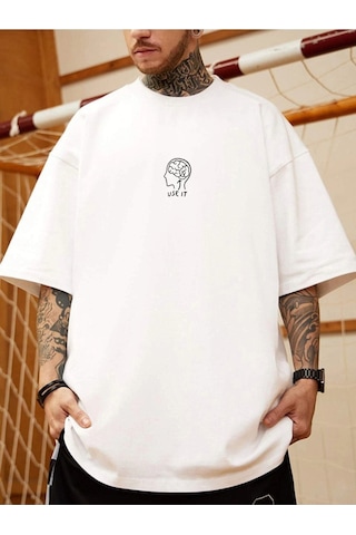 Unisex Beyaz Oversize Use It Brain Baskılı Örme T-shirt Beyaz
