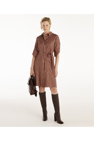 Yargıcı Kuşaklı Uzun Kollu Gömlek Elbise Kırmızı Desenli