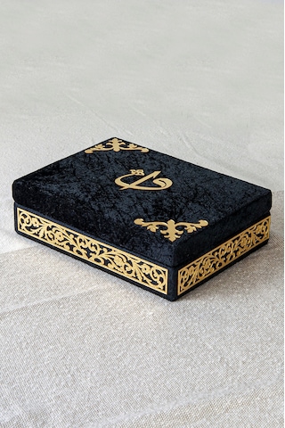 Canım Babam - Babalar Günü Hediyesi - Elif Vav Pleksi Süslemeli Hediyelik Kadife Kaplı Kutulu Kuranı Kerim - Siyah