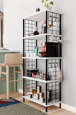 5 Raflı Çevir Kur Çok Amaçlı Raf Tel Yan Panel, Açık Raf Sistemli Metal Gövdeli Organizer Dolap Beyaz