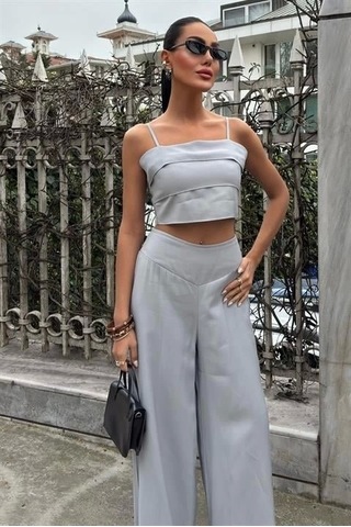 Defymoda Crop Plazzo Pantolon Takım 10155-08 Gri