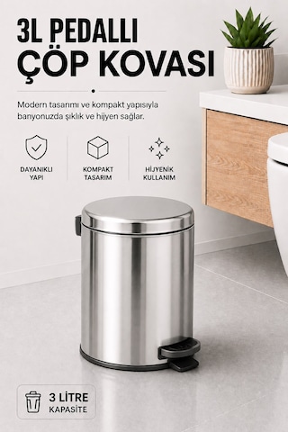 Sas Haus Pedallı Çöp Kovası 3 Litre İç Kovalı Kapaklı Banyo Çöp Kutusu Krom - Elit 7003
