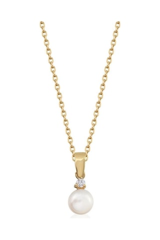 Üç Tırnaklı Pırlantalı 0,15 Karat Doğal İnci Kolye 3 Mm Sarı 3 Mm