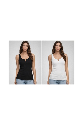 Demirsa Boutique Modelli, Fitilli, Pamuklu Penye Kaşkorse Kumaş Kalın Askılı V Yaka Siyah Ve Beyaz Kadın Atlet Siyah-beyaz1