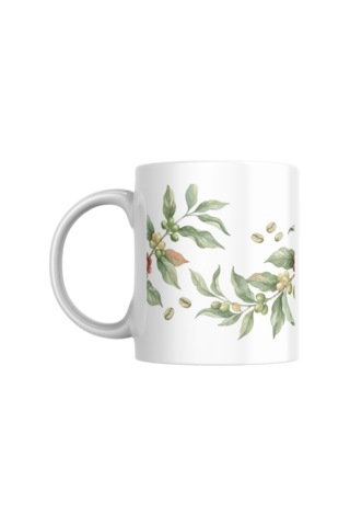 Kahve Çekirdeği Ve Yaprak Desenli Hediyelik Kupa Beyaz - Desenli