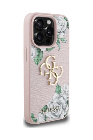 Apple Uyumlu iPhone 15 Pro Max Kılıf Guess Lisanslı Gül Baskılı Büyük Metal Logo Dizaynlı Kapak Pembe