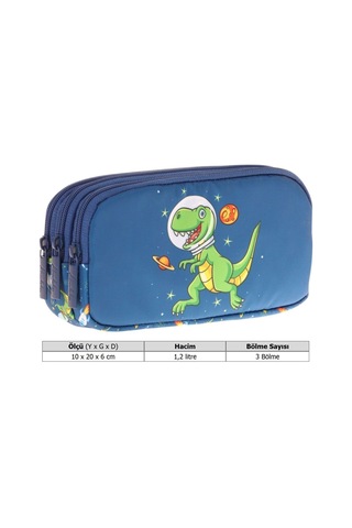 Kaukko Kids Lacivert Yeşil, Sevimli Dinazor, Erkek Çocuk Üç Gözlü Okul Kalem Çantası - L8252 Lacivert