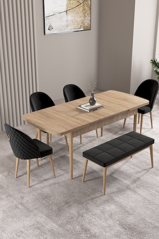 Milas Meşe Desen 80x132 Mdf Açılabilir Mutfak Masası Takımı 4 Sandalye, 1 Bench Siyah