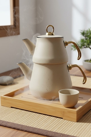 Yunusoğlu Home Granit Kaplama Gold Kulplu Cam Kapak Çaydanlık Krem Krem