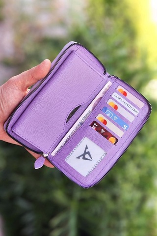 Telefon Bölmeli Lila Renk Kadın Cüzdanı Deri Portföy Kartlık Uzun Cüzdan Lila