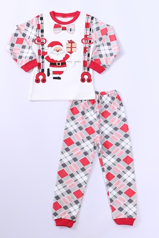 Çocuk Yılbaşı Pijama Takımı Noel Baba Baskılı Ribanalı D8 Kırmızı