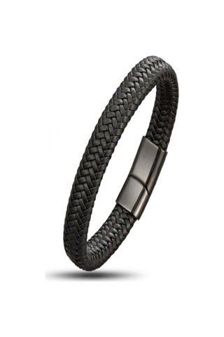 Hg.Aksesuar Siyah Deri Örgü Çelik Bileklik 7865