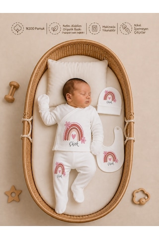 Pia Baby Kız Bebek Hastane Çıkışı Seti 4 Parça %100 Pamuk İsimli Organik Baskılı Battaniyeli Tulum Seti 1003btyx Ekru