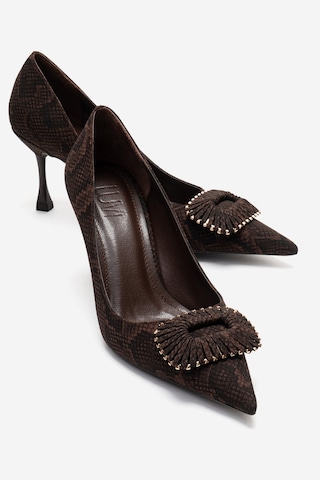 Luvishoes Rebel Kahverengi Desenli Tokalı Kadın Topuklu Ayakkabı Kahverengi