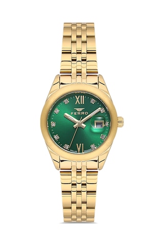Ferro Fl21618awt-b6 Quartz Çelik Altın Rengi Yeşil Kadran 28 Mm Kadın Kol Saati Altın