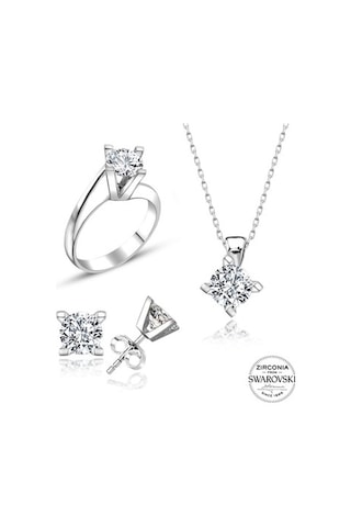 Sertifikalı Swarovski Taş Sarmaşık Tek Taş 925 Gümüş Set Takım