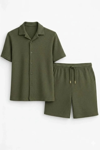 Valensdesign Erkek Waffle Kumaş Kısa Kollu Gömlek Şort Takım Regular Fit Yazlık İkili Set - Haki