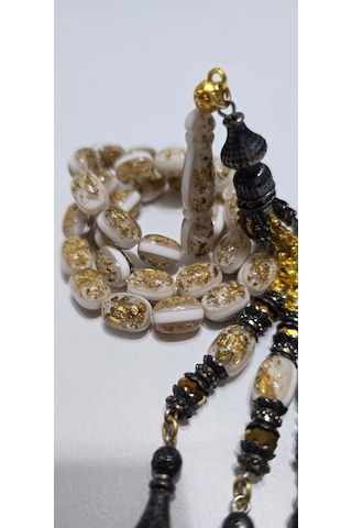 Ağır Püskül Golden Rosary Altın Parçacılı Tesbih Altın - Beyaz