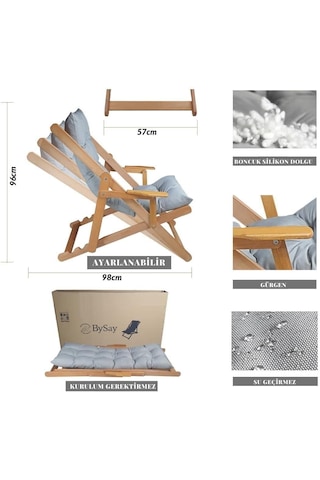 Reyo Bysay Puf Minderli Ahşap Kademeli Şezlong Bahçe&balkon&teras&plaj Katlanır Şezlong Naturel Gri