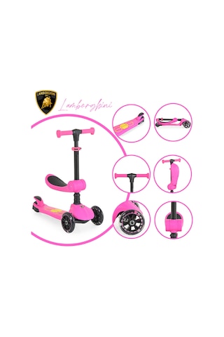 Lamborghini Lisanslı L5 2in1 Katlanabilir Oturaklı Işıklı 3 Tekerlekli Çocuk Scooter Pembe