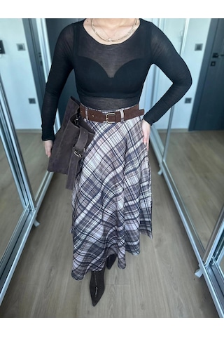 Keymoda Kadın Ekoseli Kemerli Etek Kahve Bej Kahverengi