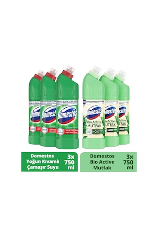 Domestos Çamaşır Suyu Dağ Esintisi 3 x 750 ML + Domestos Çamaşır Suyu Bio Active Mutfak 3 x 750 ML
