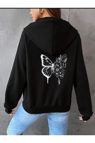 Altamira Unisex Siyah Kelebek Sırt Baskılı Ince Mevsimlik Kapşonlu Oversize Hırka 001