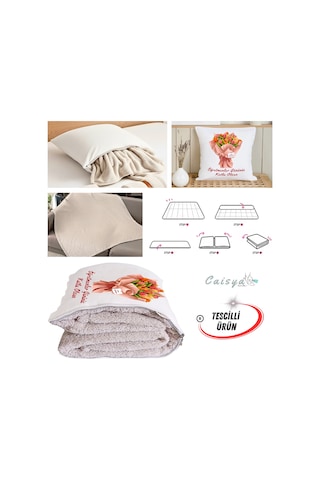 Öğretmenler Günü Hediyesi Buket Tv Battaniyeli Opsiyonel Dekoratif Yastık Kırlent 2in1 Battaniye Çok Renkli