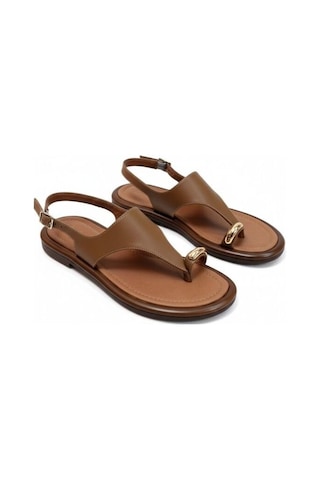 Ne&ve Shoes Taba Hakiki Deri Aksesuar Detaylı Parmak Arası Kadın Arkadan Tokalı Sandalet