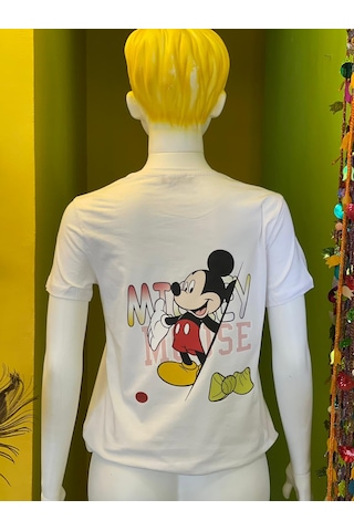 %100 Pamuk Basik Bisiklet Yaka Örme Mickey Mause Minny Mause T-shirt Beyaz