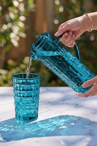 Akrilik Allegra Aquamarin 7 Parça Su Meşrubat Kahve Yanı Bardağı 400 Ml Ve Akrilik Allegra Aquamarin 1,5 Lt Sürahi Cam Değildir Turkuaz