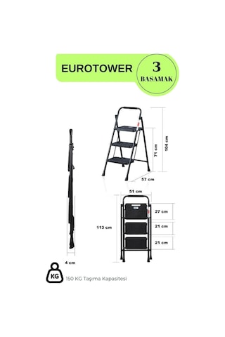Eurotower 3 Basamak Özel Tasarım Geniş Basamaklı Siyah Merdiven 3+1