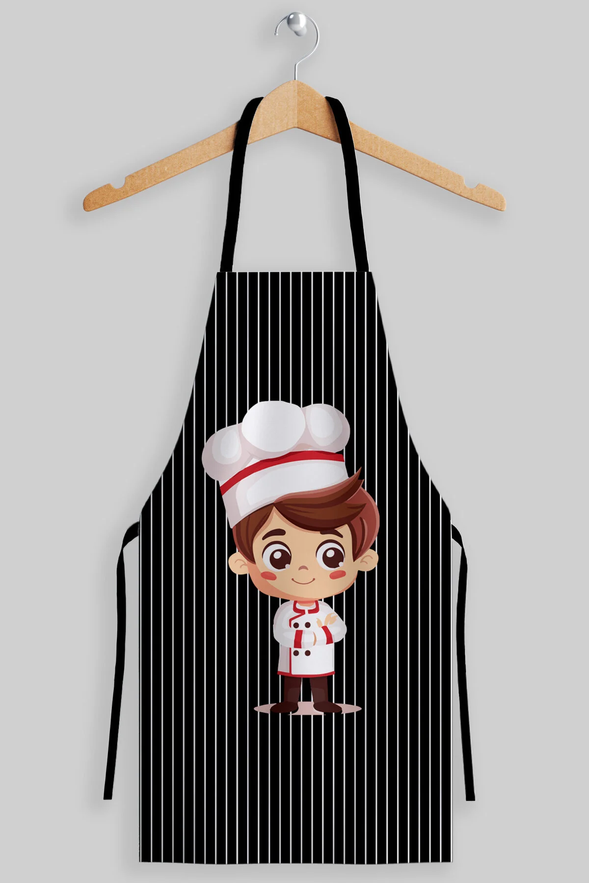 Ays Home Erkek Çocuk Siyah Beyaz Çizgili Aşçı Önlüğü Seti 1 Şapka 1 Önlük Siyah