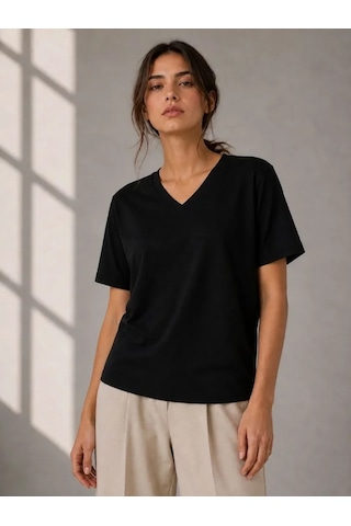 Efnaz Style V Yaka Basic Tişört Kısa Kol Yazlık Regular Fit T-shirt - Siyah