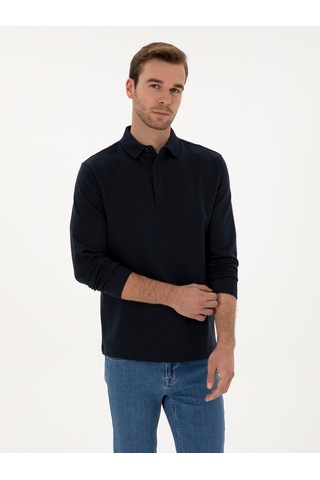 Lacivert Regular Fit %100 Pamuk 3 İplik Polo Yaka Sweatshirt