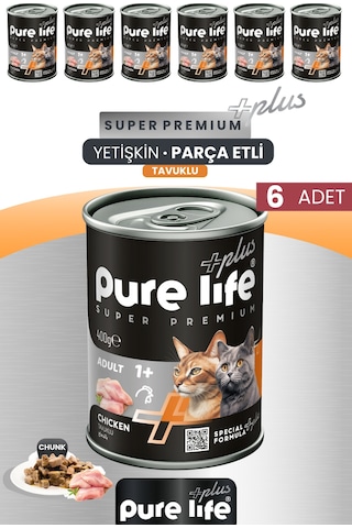 Pure Life Plus 6'lı Tavuklu Yetişkin Konserve Chunk Parça Etli Yaş Mama 400 G