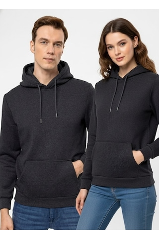 Süvari Oversize Geniş Kesim Pamuklu Yumuşak Dokulu Içi Polarlı Basic Kapüşonlu Sweatshirt Antrasit S08