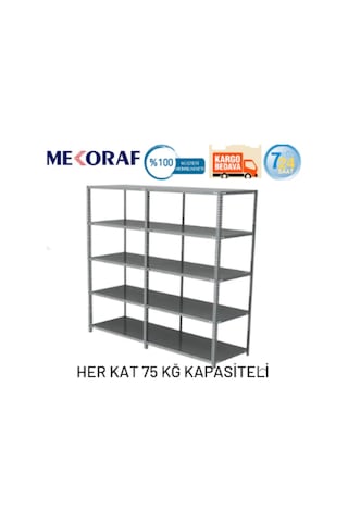 Mekoraf 43 X 93 2 Metre 5 Katlı 2 Ünite Raf Sistemi Gri