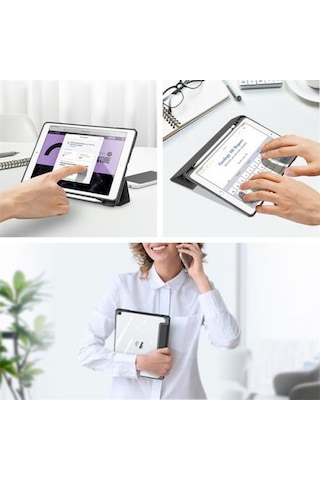 Coofbe Standlı Apple Uyumlu iPad 7 . 8. ve 9. Nesil 10.2" inç Kılıf Şeffaf Arka Kapak Kalem Yerli Uyku Modlu Katlanabilir