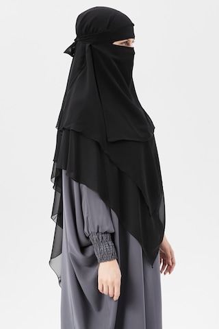 Altobeh Hazır Pratik Şifon Üç Katlı Peçeli Üçgen Hac Umre Şalı Sufle Hijab Nikap Siyah